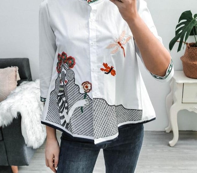 Embroidery 3/4 Sleeve Casual Blouse - LEPITON