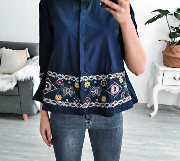 Embroidery 3/4 Sleeve Casual Blouse - LEPITON