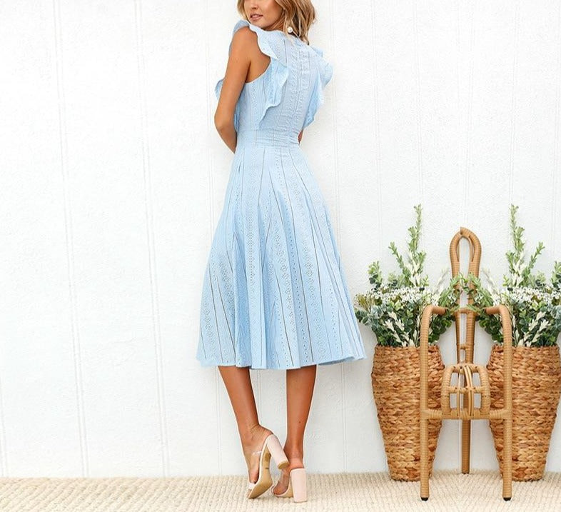 Elegant Sleeveless Solid Lace A-Line Midi Dress - LEPITON