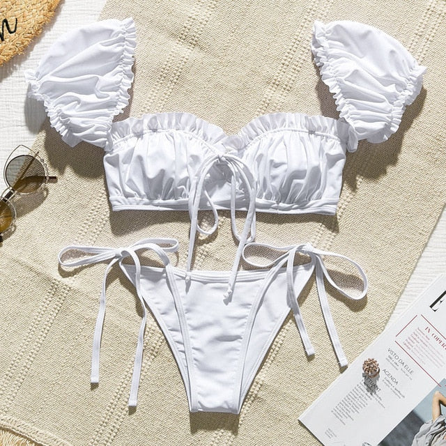 Padded Bra Short Sleeve Zipper Bandage Low Waist Bikini - LEPITON