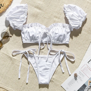 Padded Bra Short Sleeve Zipper Bandage Low Waist Bikini - LEPITON