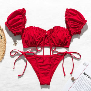 Red Padded Bra Short Sleeve Zipper Bandage Low Waist Bikini - LEPITON