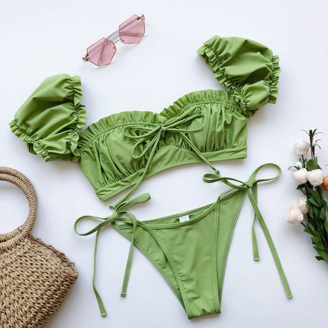 Padded Bra Short Sleeve Zipper Bandage Low Waist Bikini - LEPITON