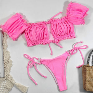 Padded Bra Short Sleeve Zipper Bandage Low Waist Bikini - LEPITON