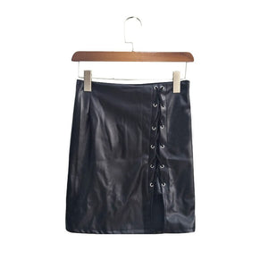 PU Leather Lace-Up High-Waist Bandage Slit Skirt - LEPITON