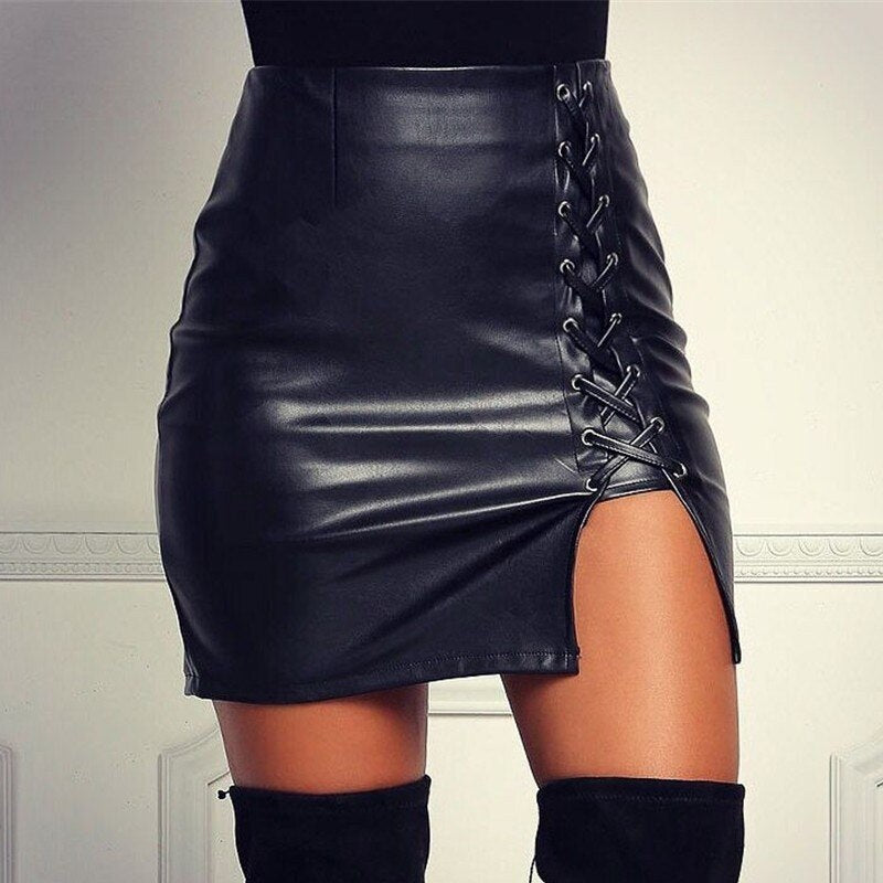PU Leather Lace-Up High-Waist Bandage Slit Skirt - LEPITON