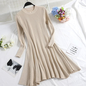 O-Neck Long Sleeve Irregular Hem A-Line Casual Knitted Dress - LEPITON