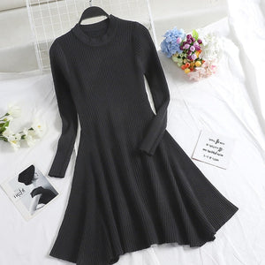 O-Neck Long Sleeve Irregular Hem A-Line Casual Knitted Dress - LEPITON