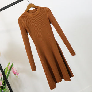 O-Neck Long Sleeve Irregular Hem A-Line Casual Knitted Dress - LEPITON