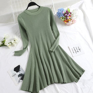 O-Neck Long Sleeve Irregular Hem A-Line Casual Knitted Dress - LEPITON