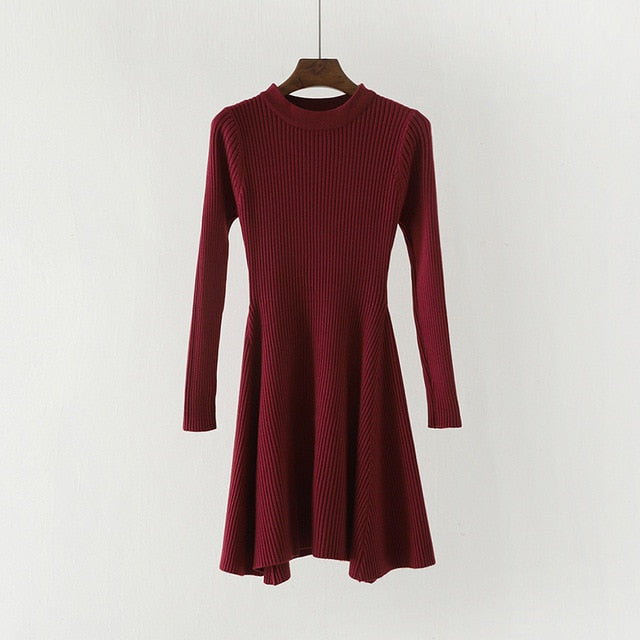 O-Neck Long Sleeve Irregular Hem A-Line Casual Knitted Dress - LEPITON