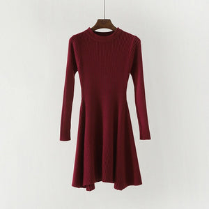 O-Neck Long Sleeve Irregular Hem A-Line Casual Knitted Dress - LEPITON