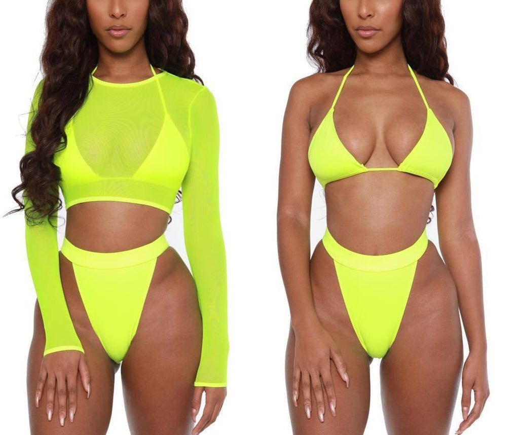 Mesh Long Sleeve Crop Top Three Piece Swimsuit - LEPITON