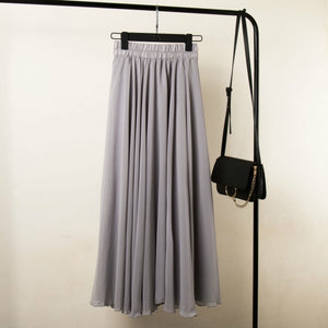 High Waist Solid Chiffon Pleated A-Line Maxi Skirt - LEPITON