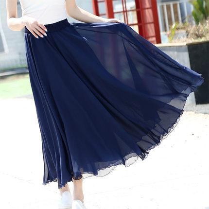 High Waist Solid Chiffon Pleated A-Line Maxi Skirt - LEPITON