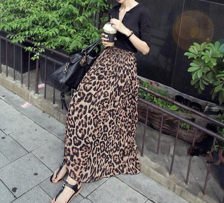 Leopard Chiffon Pleated Maxi Skirt - LEPITON
