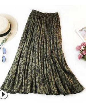 Leopard Chiffon Pleated Maxi Skirt - LEPITON