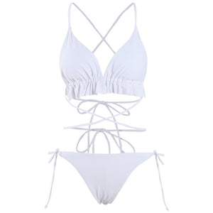 White String Ruffle Cross-Tied High Cut Bikini Set - LEPITON