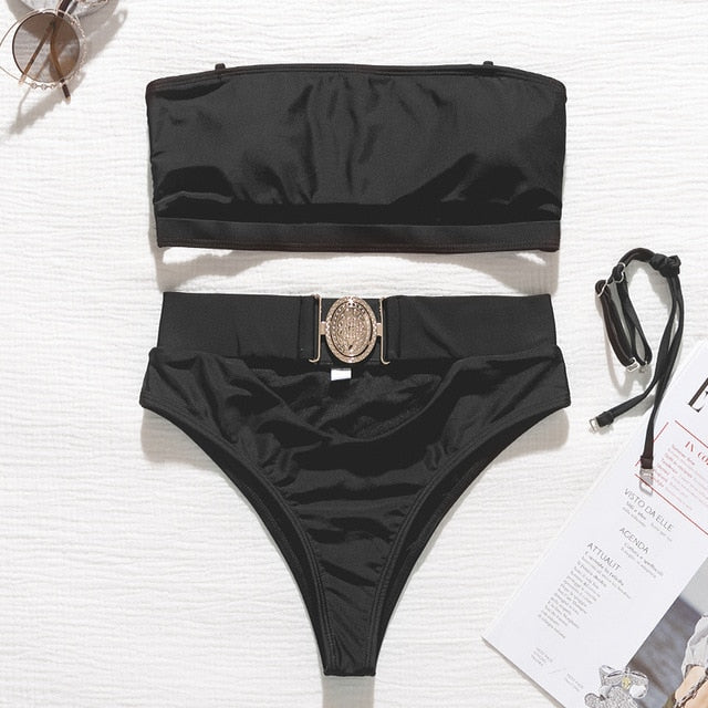 Hollow-Out High-Waist Metal Buckle Belt Swimsuit - LEPITON