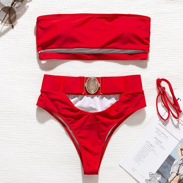 Red Hollow-Out High-Waist Metal Buckle Belt Swimsuit - LEPITON