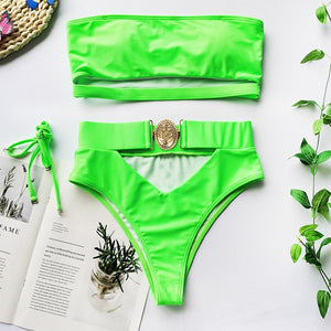 Neon Green Hollow-Out High-Waist Metal Buckle Belt Swimsuit - LEPITON