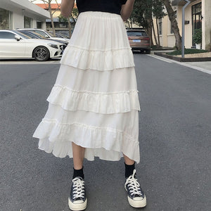 High-Waist Asymmetrical High Low Ruched Ruffle Skirt - LEPITON