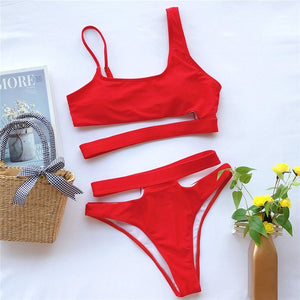 Red Hollow-Out High-Waist Swimsuit - LEPITON