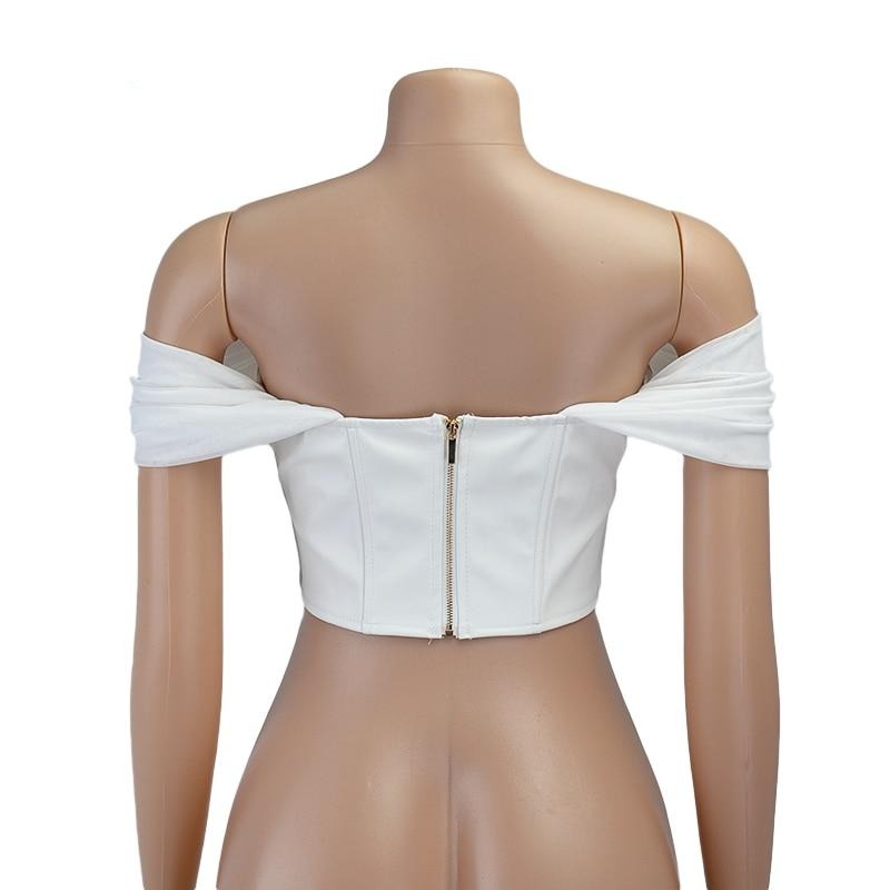 PU Leather Off Shoulder Chiffon Bustier Corset Top - LEPITON