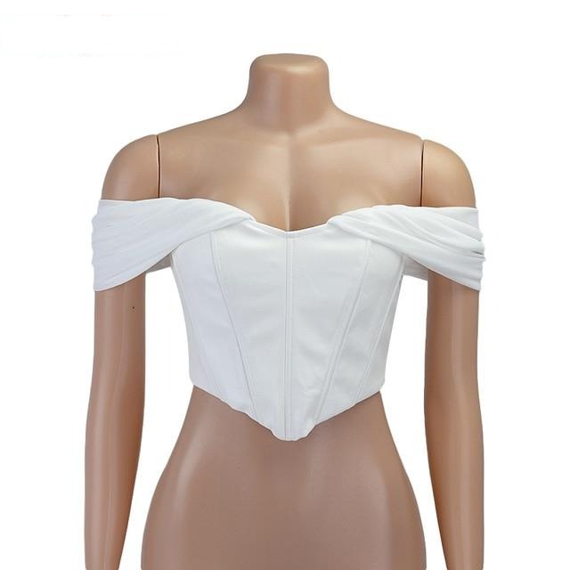 PU Leather Off Shoulder Chiffon Bustier Corset Top - LEPITON