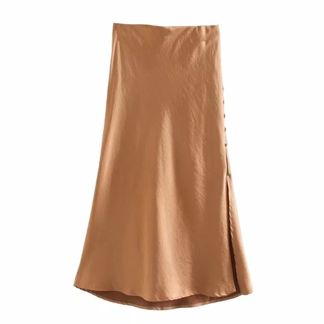 Solid Satin Elastic Waist Side Slit Midi Skirt - LEPITON