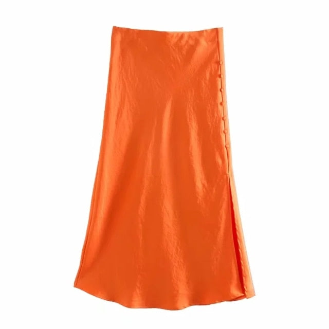 Solid Satin Elastic Waist Side Slit Midi Skirt - LEPITON