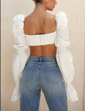 Shirred Puff Sleeve Tie Backless Crop Top - LEPITON