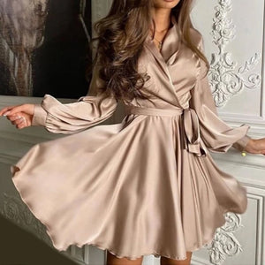 Elegant Lantern Sleeve Satin Sashes A-Line Mini Dress - LEPITON