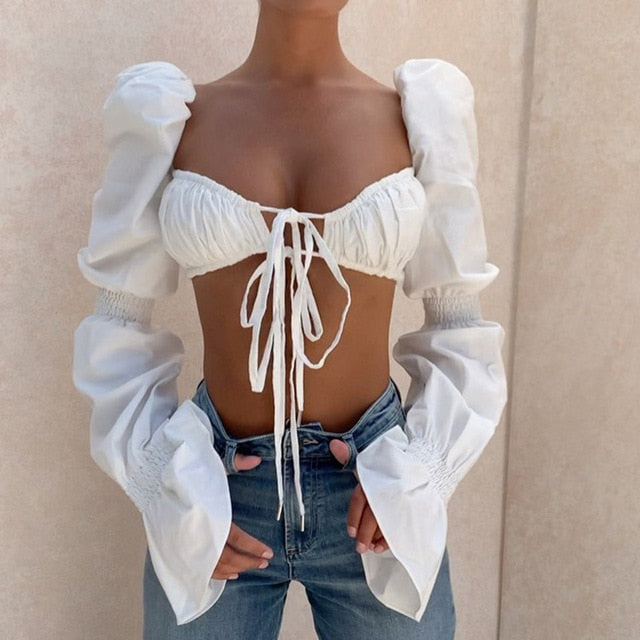 Shirred Puff Sleeve Tie Backless Crop Top - LEPITON