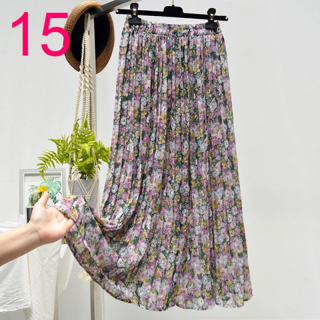 Floral Chiffon Pleated Elastic High Waist Casual Midi Skirt - LEPITON