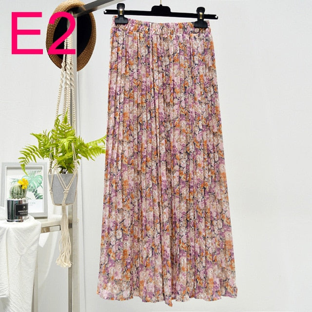 Floral Chiffon Pleated Elastic High Waist Casual Midi Skirt - LEPITON