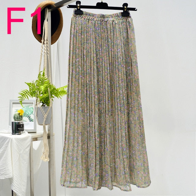 Floral Chiffon Pleated Elastic High Waist Casual Midi Skirt - LEPITON