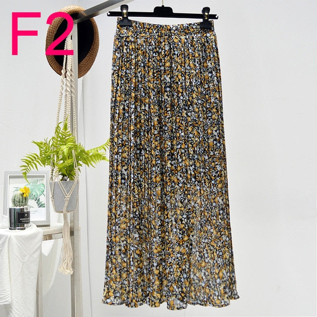 Floral Chiffon Pleated Elastic High Waist Casual Midi Skirt - LEPITON