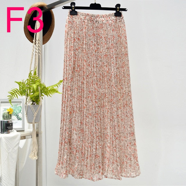 Floral Chiffon Pleated Elastic High Waist Casual Midi Skirt - LEPITON