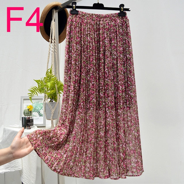 Floral Chiffon Pleated Elastic High Waist Casual Midi Skirt - LEPITON