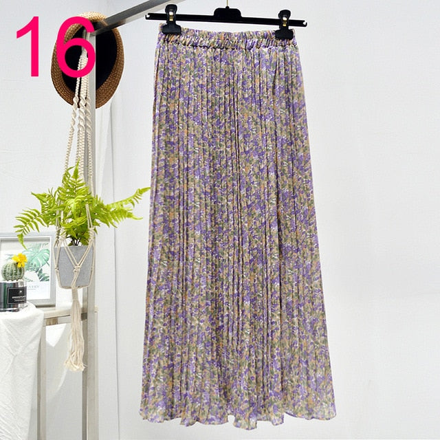 Floral Chiffon Pleated Elastic High Waist Casual Midi Skirt - LEPITON