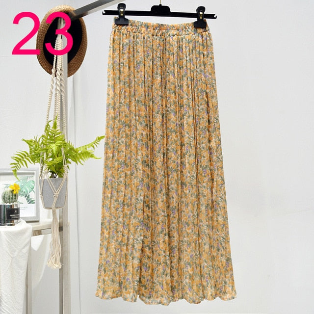 Floral Chiffon Pleated Elastic High Waist Casual Midi Skirt - LEPITON