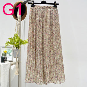 Floral Chiffon Pleated Elastic High Waist Casual Midi Skirt - LEPITON