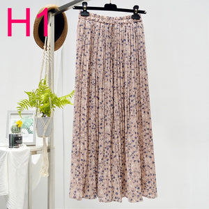 Floral Chiffon Pleated Elastic High Waist Casual Midi Skirt - LEPITON