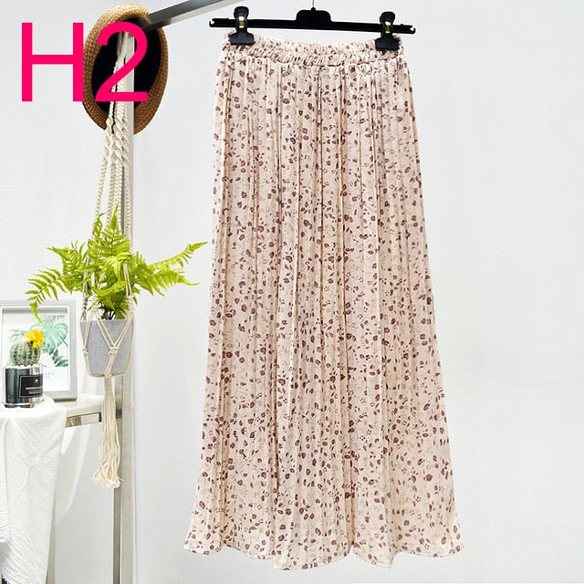 Floral Chiffon Pleated Elastic High Waist Casual Midi Skirt - LEPITON