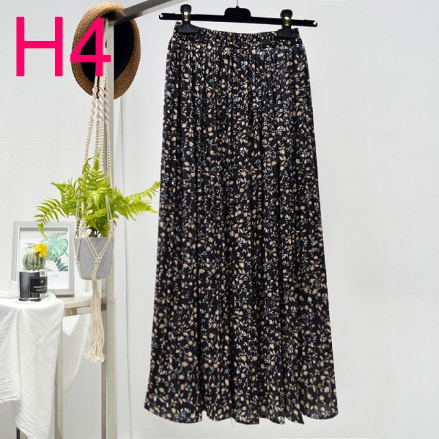 Floral Chiffon Pleated Elastic High Waist Casual Midi Skirt - LEPITON