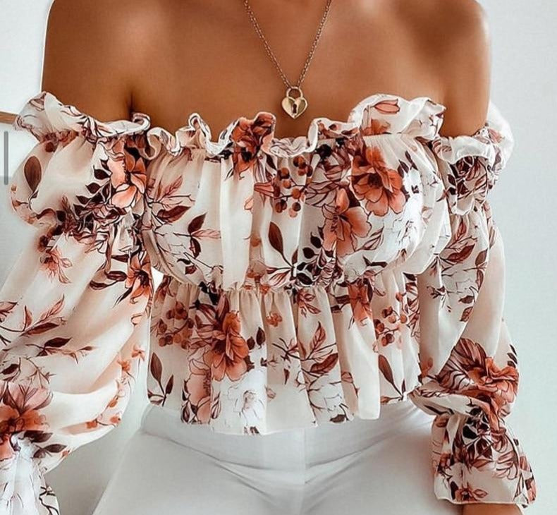 Off-Shoulder Floral Frill Ruched Blouse - LEPITON