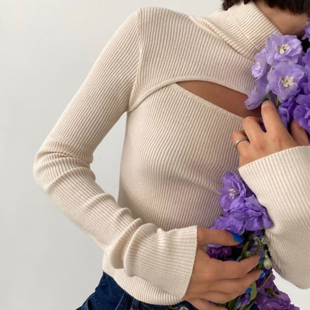 Knitted Turtleneck Hollow-Out Casual Long Sleeve Top - LEPITON