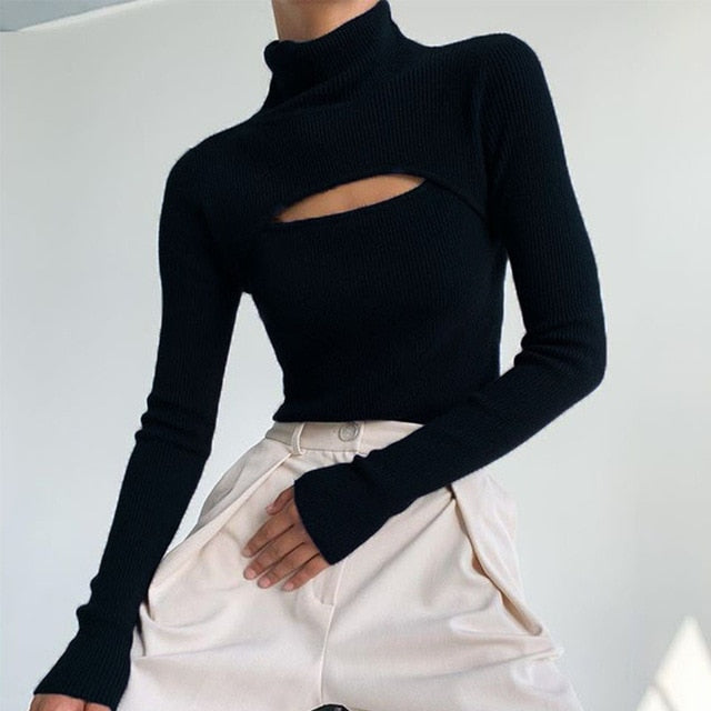 Knitted Turtleneck Hollow-Out Casual Long Sleeve Top - LEPITON