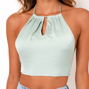 Satin Halter Sleeveless Backless Bandage Bow-Tie Crop Top - LEPITON